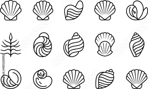 Abstract seashell vector icons set, modern minimal shell symbols, stylized ocean shell silhouettes, creative coastal marine shell graphics, elegant seashell logo collection