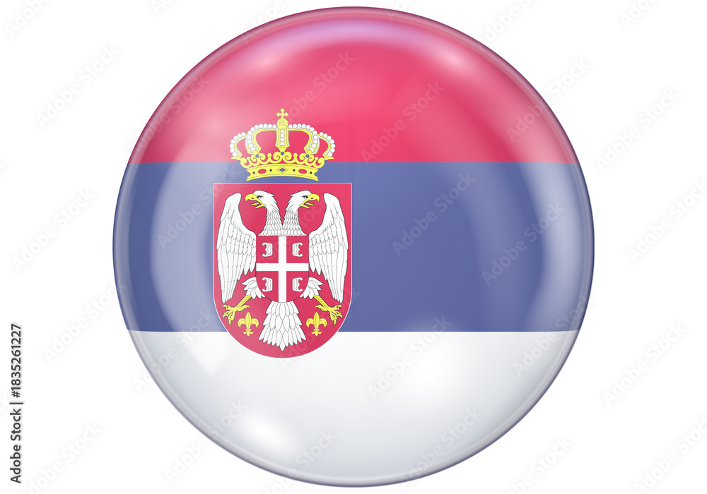Obraz premium Glossy Serbian Flag Circle Button with National Coat of Arms