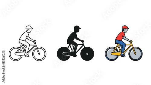 Set of three icons illustrating a person riding a bicycle in outline, silhouette and full color style