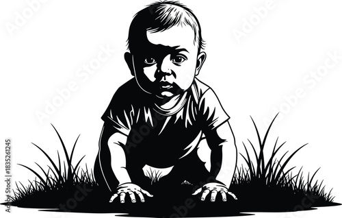Crawling baby silhouette illustration, outdoor posture and movement moment, childhood exploration concept vector, black and white graphic