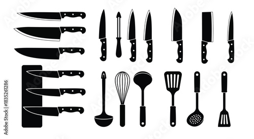 Collection of black silhouette kitchen knife and utensil icons