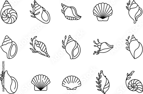 Abstract seashell vector icons set, modern minimal shell symbols, stylized ocean shell silhouettes, creative coastal marine shell graphics, elegant seashell logo collection