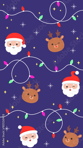 Playful Christmas Seamless Pattern with Santa Faces Reindeer Heads Twinkling String Lights and Decorative Elements on Purple Background
