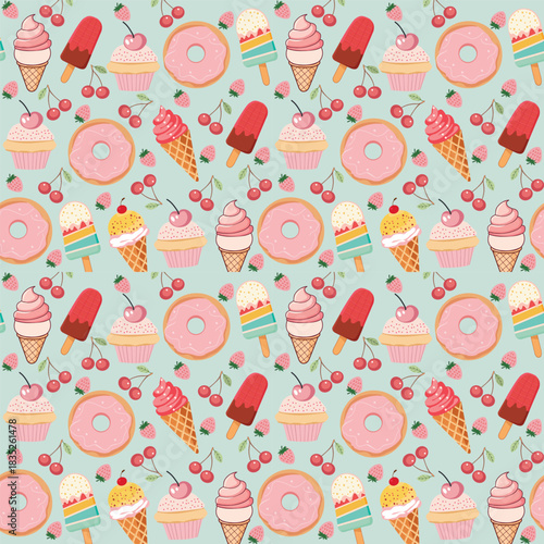 Dessert food seamless pattern with cupcakes, donut, ice cream