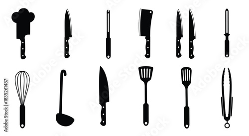Collection of black silhouette kitchen utensil and knife icons