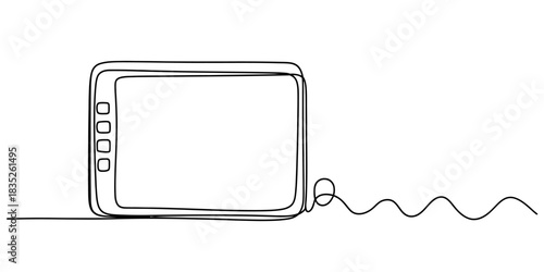 Minimalist continuous line art drawing of a classic retro television with antenna, symbolizing vintage broadcast communication and media technology. Vector, illustration