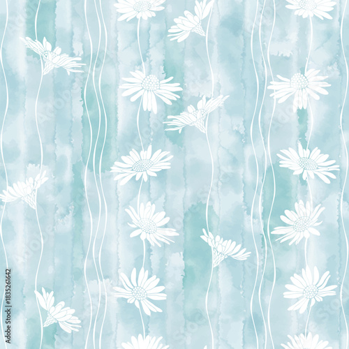 Chamomile on a blue watercolor background. Stylish vector seamless pattern. Abstract nature background.  Perfect for design templates, wallpaper, wrapping, fabric, print and textile.