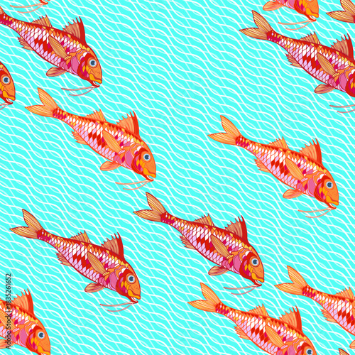 Red mullet. Stylish seamless pattern with cute bright sea fish on turquoise waves background.  Vector. Diagonal composition. Perfect for design templates, wallpaper, wrapping, fabric, print and textil