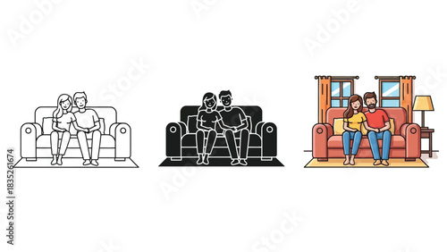 Set of three illustrations showing a couple sitting closely together a sofa in different styles outline, silhouette and full color cartoon drawing