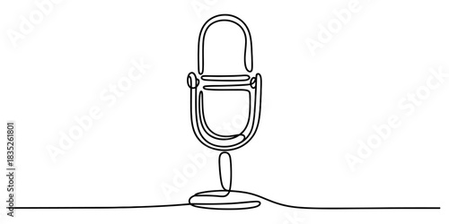 Continuous line drawing of a microphone, symbolizing broadcast, podcasting, sound recording, audio production, communication, and music. Vector, illustration