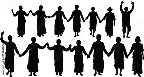 Unity, culture, silhouette, posture, gesture, hand-holding, walk, stand, robe, tradition, group, celebration, identity, social, vector, black, pose, setup, flavector, collective
