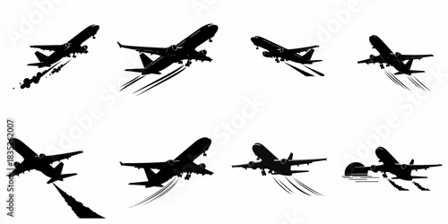Collection of commercial jet airliner silhouettes taking off, showing various angles and engine exhaust trails, isolated on white.