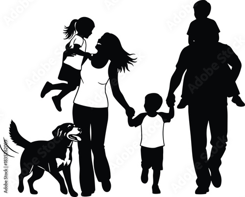Family and dog silhouette illustration, outdoor bonding and leisure moment, companionship and togetherness concept vector, black and white graphic