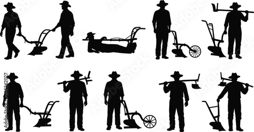 Farmer, plow, silhouette, posture, gesture, carry, push, lie, stand, tool, field, rural, manual, labor, agriculture, traditional, vector, black, pose, setup, flavector