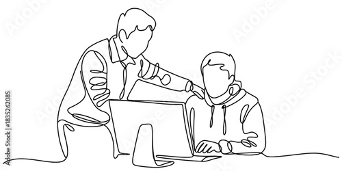 Continuous line drawing of two people collaborating on a laptop, a mentor guiding a student, illustrating education, teamwork and digital learning Vector, illustration
