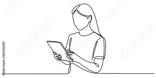Continuous line drawing of a woman holding a digital tablet, representing modern technology interaction, education, business, or leisure Vector, illustration