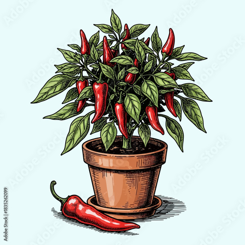 a chili pepper plant growing in a terracotta pot