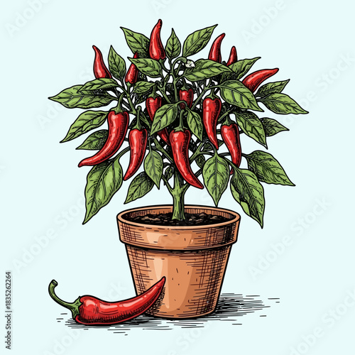 a chili pepper plant growing in a terracotta pot