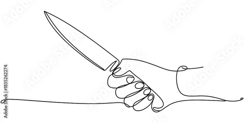 Continuous line drawing of a hand gripping a sharp kitchen knife, symbolizing culinary arts, potential danger, and precise cutting. Vector, illustration