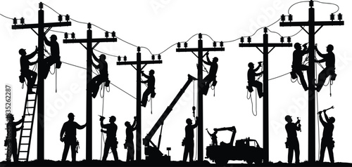 Utility, worker, power, pole, silhouette, posture, gesture, climb, tool, wire, crane, truck, infrastructure, electric, repair, vector, black, pose, setup, flavector