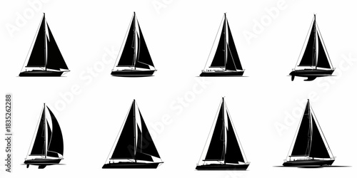 Set of eight black and white silhouettes depicting various modern sailing yachts, keelboats, and racing sailboats for nautical design elements.