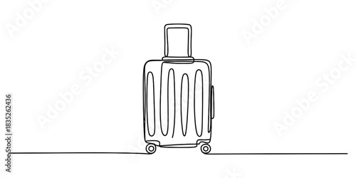 Continuous line drawing of a rolling travel suitcase with an extended handle, minimalist sketch illustration for global journeys and holidays Vector, illustration