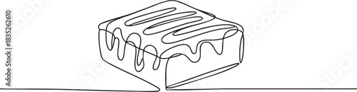 single line illustration of a brownie with chocolate drizzle pattern, smooth continuous lines in a clean modern vector style