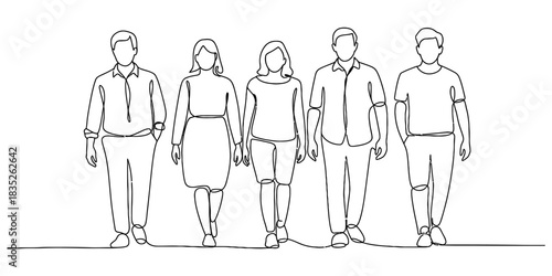 Continuous line drawing of diverse group of five people walking forward, representing unity, team collaboration and progress together. Vector, illustration