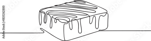 single line illustration of a brownie with chocolate drizzle pattern, smooth continuous lines in a clean modern vector style