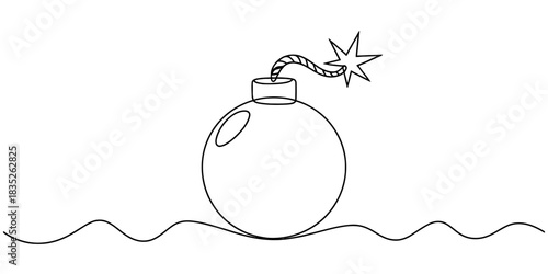 Line art illustration of a round bomb with a lit fuse, its spark indicating an imminent explosion or critical deadline on a clean background. Vector, illustration