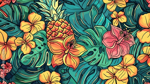 Vibrant tropical floral and fruit pattern with a rich color palette. Exotic Summer Background.
