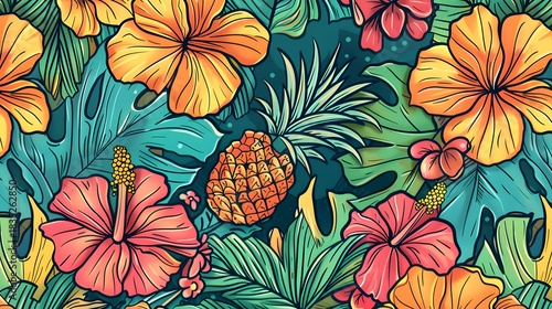 Vibrant tropical floral and fruit pattern with a rich color palette. Exotic Summer Background.