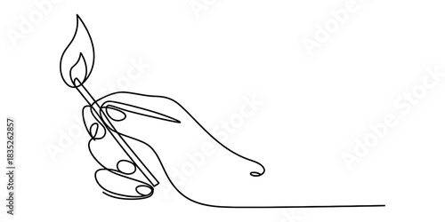 Minimalist one continuous line art drawing of a human hand holding a lit matchstick with a burning flame, simple concept design. Vector, illustration