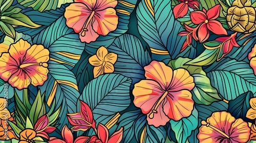 Vibrant tropical floral and fruit pattern with a rich color palette. Exotic Summer Background.