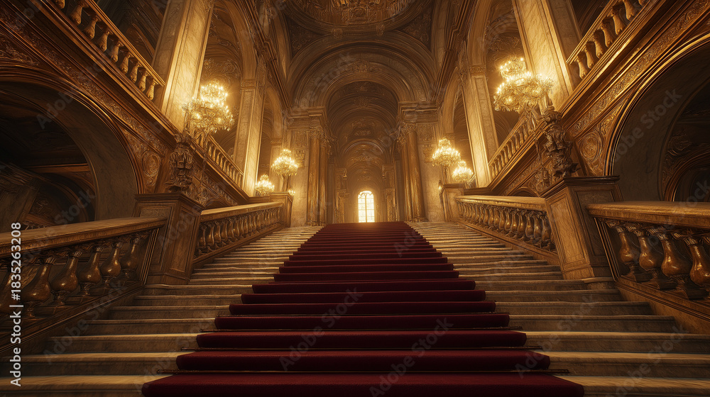 Obraz premium Opulent Golden Stairway Leading to a Bright Archway in a Majestic Hall