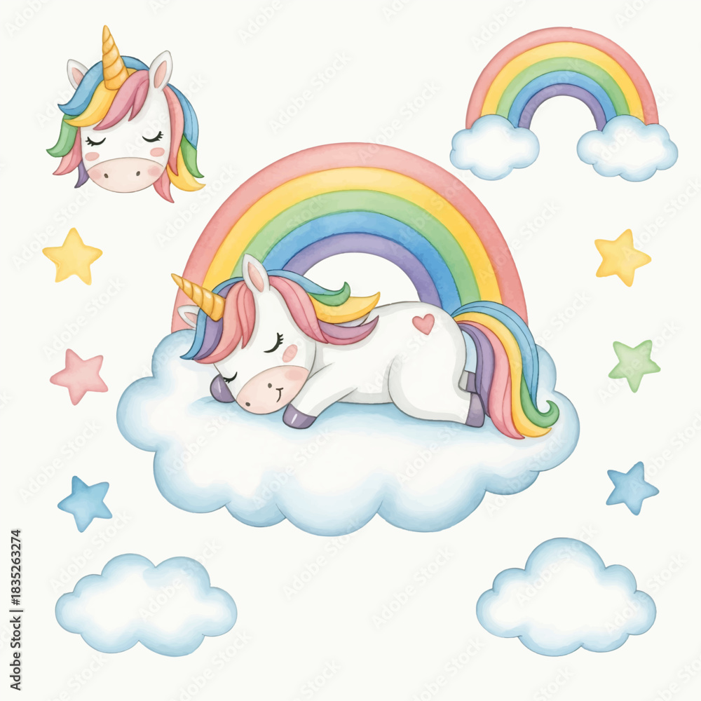 Obraz premium Cute cartoon vector illustration of a little child flying in the blue sky with clouds and a colorful rainbow design for a fun summer card