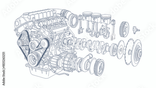 Cutaway car engine vector showing pistons, crankshaft, manifold, turbocharger, belts and separated layers in detailed blueprint style.