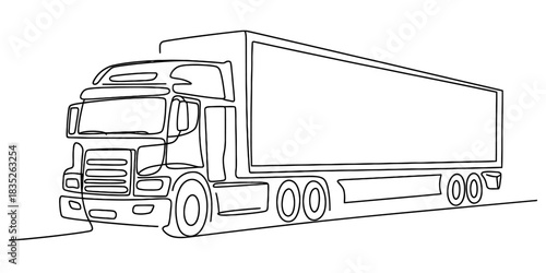 Continuous line drawing of a large semi-truck with a cargo trailer, representing modern logistics, efficient transportation, and reliable delivery services. Vector, illustration