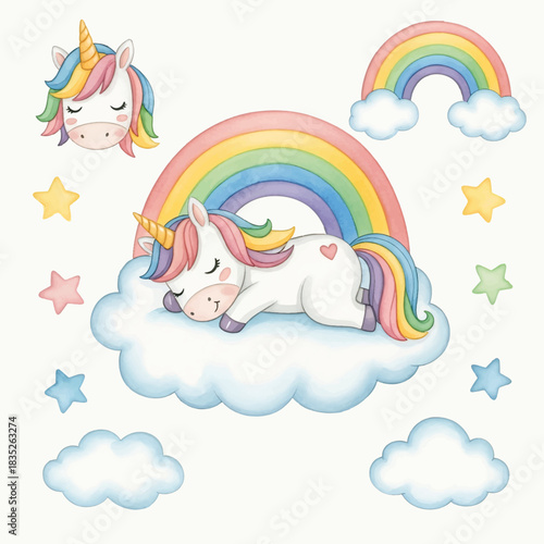Cute cartoon vector illustration of a little child flying in the blue sky with clouds and a colorful rainbow design for a fun summer card