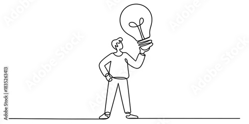 Minimalist continuous line art drawing of a man holding a bright lightbulb, symbolizing a new idea, innovation, inspiration, or solution Vector, illustration