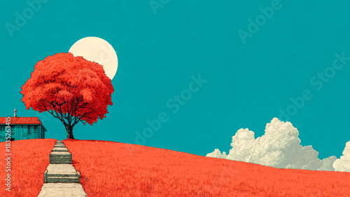 Arbre et champ orange dans un paysage minimaliste