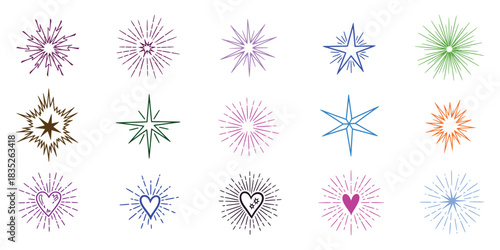 Starbursts' collection of colorful designs with different shapes, and designs also with hearts on transparent backgrounds for any graphic works.