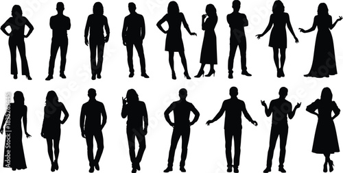 Human pose silhouette illustration set, diverse body language and gesture variations, character design concept vector, black and white graphic