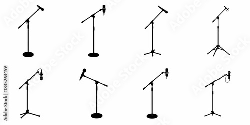 Eight black silhouettes of professional boom microphone stands and different microphone types, including condenser and vocal mics, isolated on white.