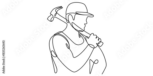 Continuous line art illustration of a male construction worker wearing a cap and carrying a hammer over his shoulder, representing craftsmanship and building trades. Vector, illustration