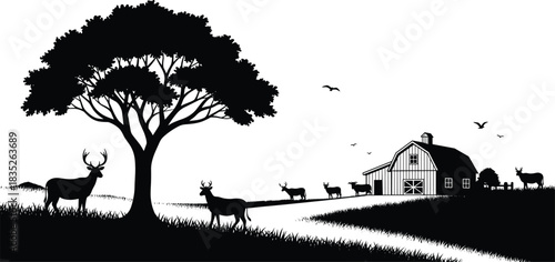 Rural farm scene with wildlife silhouette illustration, peaceful countryside and nature concept vector, black and white graphic
