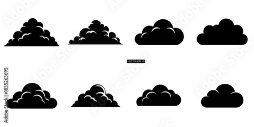 Black cloud icons set, featuring different shapes and detailing for weather, nature, environment, and digital design applications, vector illustration.