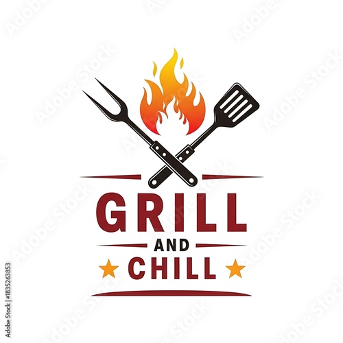 Grill and chill logo with crossed spatula and fork over flame illustration