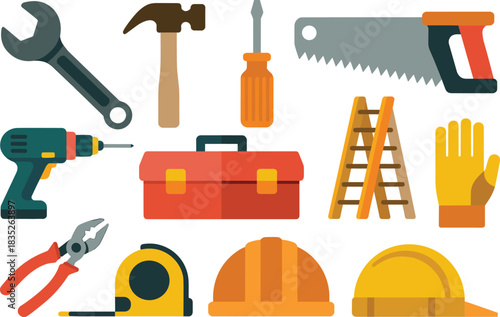 Flat design construction tools set featuring drill, toolbox, wrench, hammer, saw, ladder, gloves, hard hats and essential handyman equipment