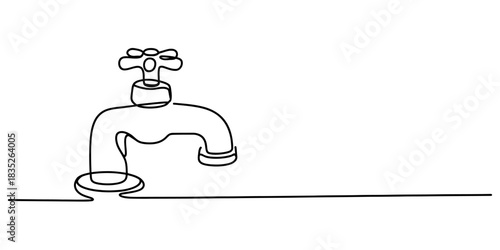 Continuous line drawing of a simple water tap or faucet, symbolizing water conservation, plumbing, and minimalist design on a clean background. Vector, illustration